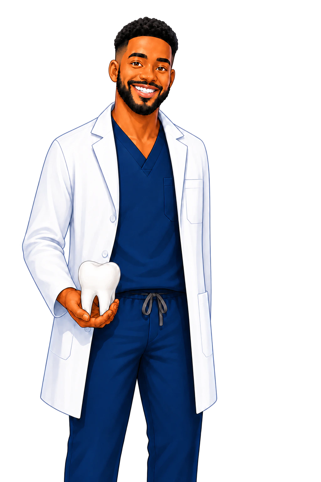 Illustration of Devin in dental scrubs, holding a tooth model and raising his hand